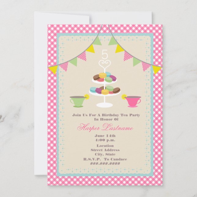 Birthday Tea Party + Macarons Invitation - Pink (Front)