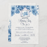 Birthday Tea Party Navy Blue White Floral Invitation<br><div class="desc">100th Birthdayl Tea Party Invitation (year can be customised) suite for a vintage English, navy blue and white classic English Chintz floral design. Beautifully hand lettered calligraphy font text with swashes and all text in navy blue (message us, we will make any title wording you need in this font). Copyright,...</div>