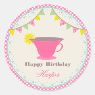 Birthday Tea Party Pink Gingham Classic Round Sticker