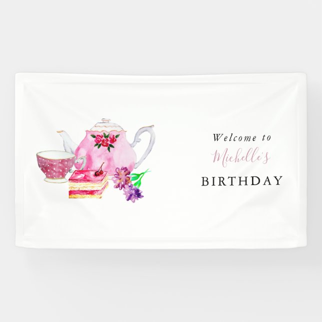 Birthday Tea Party Welcome Watercolor Floral Banner (Horizontal)