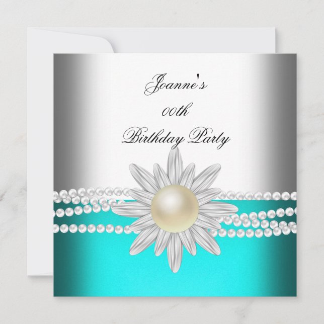 Birthday Teal Blue Aqua White Pearl Flower Invitation (Front)