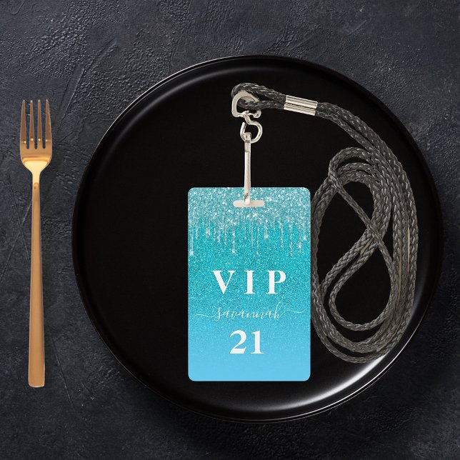 Birthday teal glitter drips blue vip invitation ID badge (Creator Uploaded)