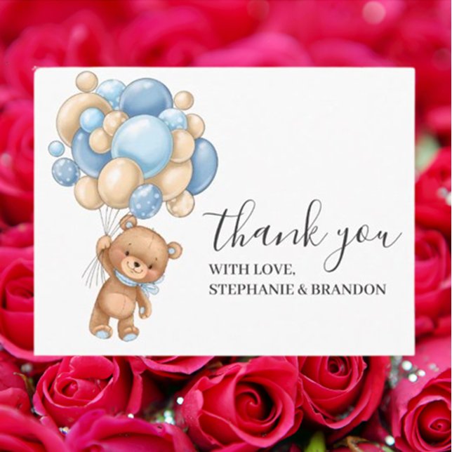 Birthday Teddy Bear Blue Boy Balloons Thank You   Postcard (Express heartfelt gratitude with our Birthday Teddy Bear Blue Boy Balloons Thank You Postcard)