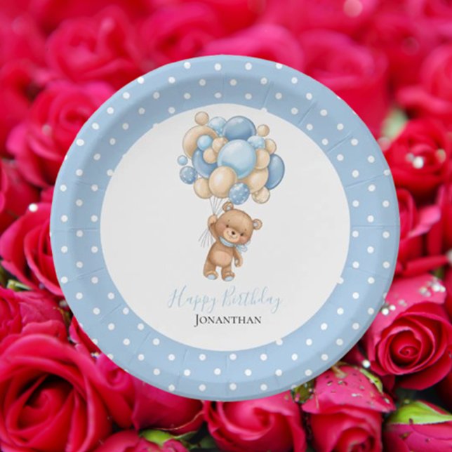 Birthday Teddy Bear Boy Blue Balloons  Poke Dots Paper Plate (Celebrate our little Teddy's special day with joyful memories)