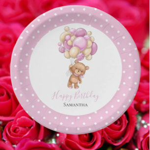 birthday Teddy Bear Girl Balloons Pink  Dots Paper Plate