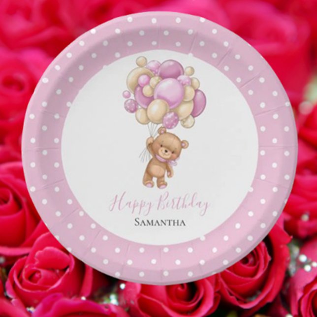 birthday Teddy Bear Girl Balloons Pink  Dots Paper Plate (Celebrate our little teddy's special day with love and joy! )