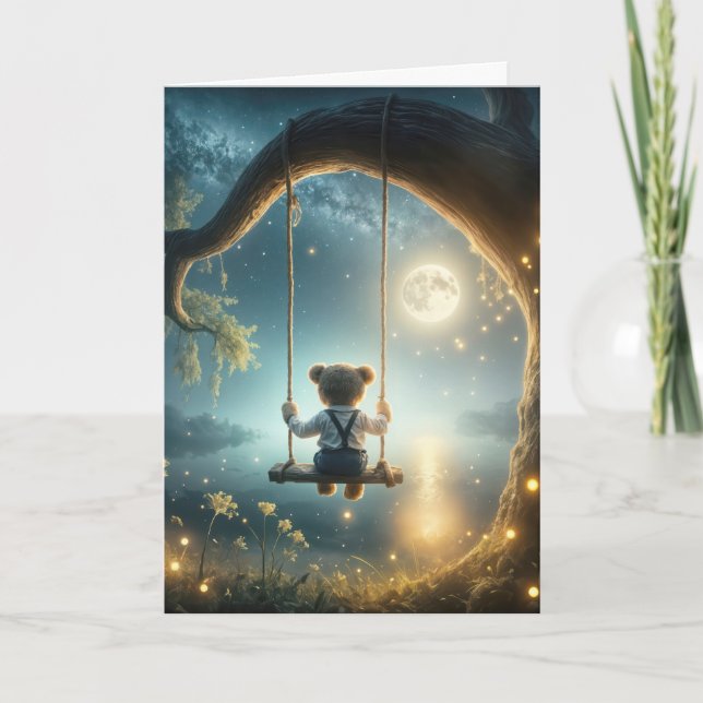 Birthday Teddy Bear On a Swing With Fireflies Card (Front)