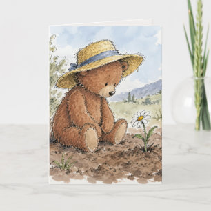 Birthday Teddy Bear Staring at a Growing Daisy Card