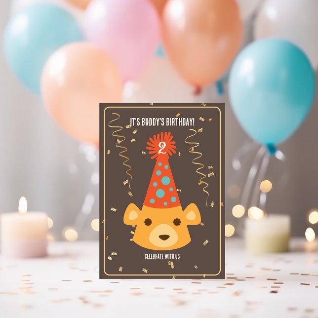 Birthday Teddy Bear Wearing a Party Hat Invitation (Creator Uploaded)