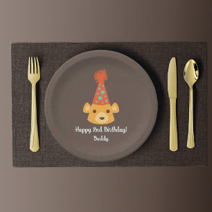 Birthday Teddy Bear Wearing a Party Hat Paper Plate