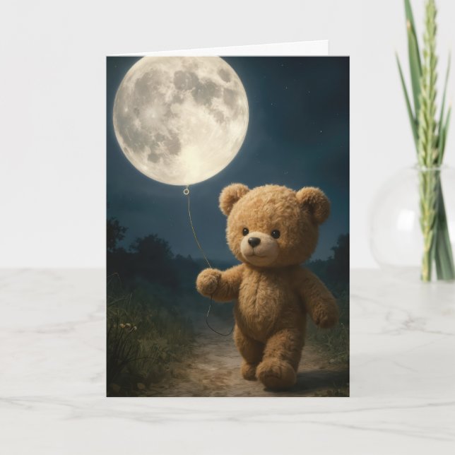 Birthday Teddy Bear With Moon Balloon Card (Front)