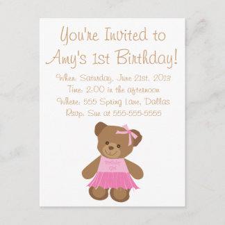 Birthday Teddy Bear With Pink Tutu Invitation
