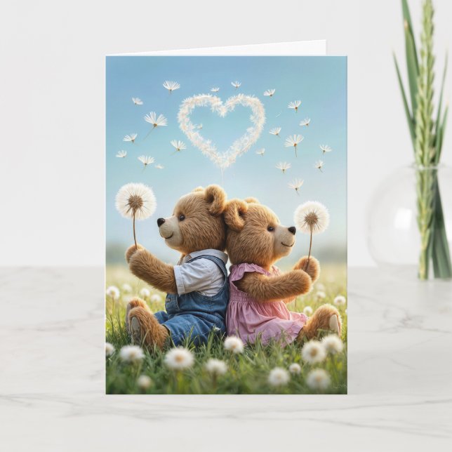 Birthday Teddy Bears With Heart Dandelion Card (Front)