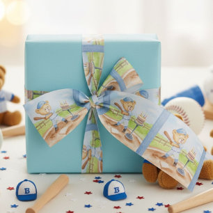 Birthday Tee Ball Teddy Bear Baseball Watercolor Satin Ribbon