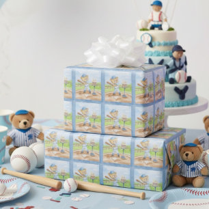 Birthday Tee Ball Teddy Bear Baseball Watercolor Wrapping Paper