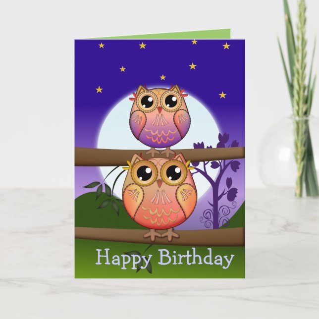 Birthday text card with Cute full Moon Owls (Front)
