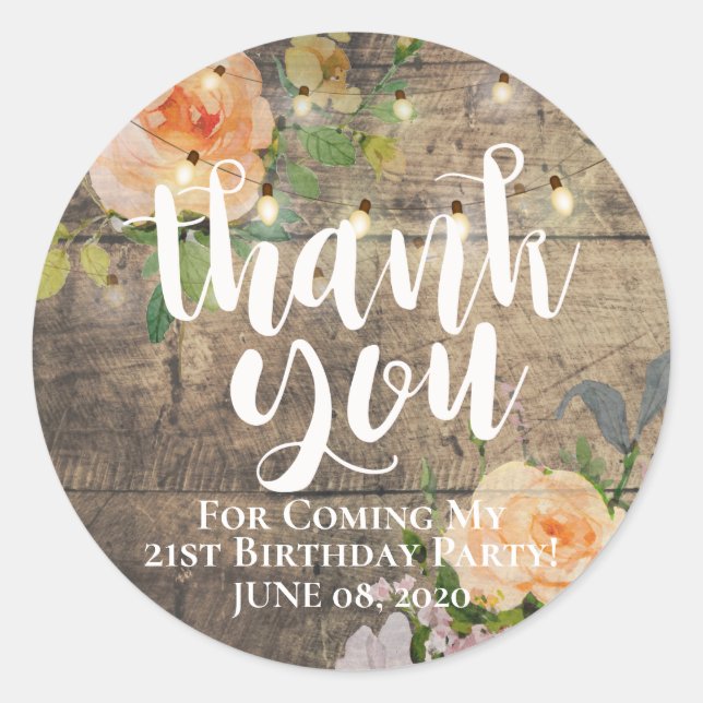 Birthday Thank You Flower Rustic Wood String Light Classic Round Sticker (Front)