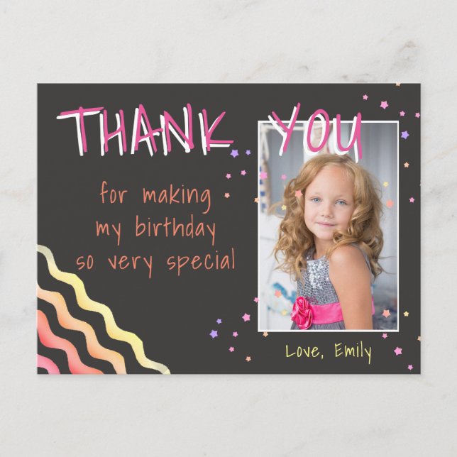Birthday Thank you Photo card Waves and Stars Girl (Front)