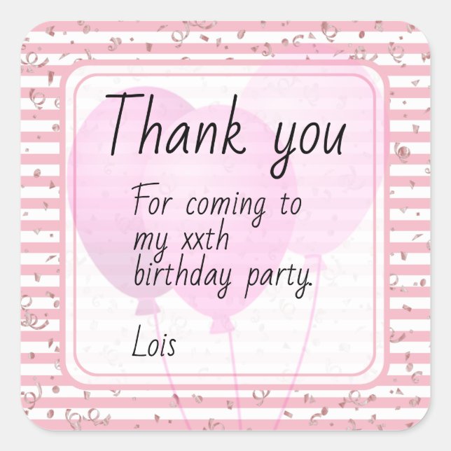 Birthday Thank You - Pink/White Stripes Balloons Square Sticker (Front)