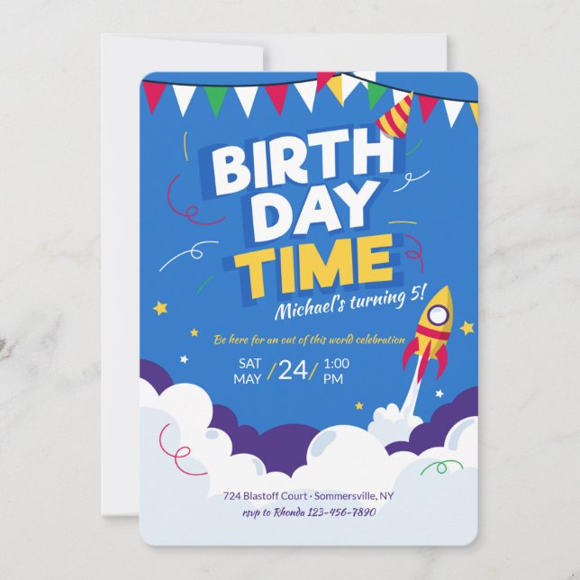 Birthday Time Rocket Invitation (Front)