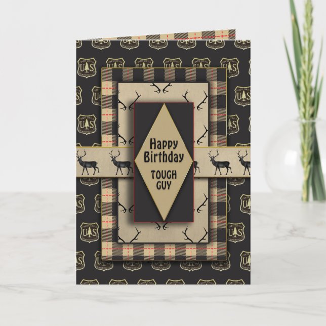 Birthday Tough Guy Masculine Brown Plaids  Card (Front)