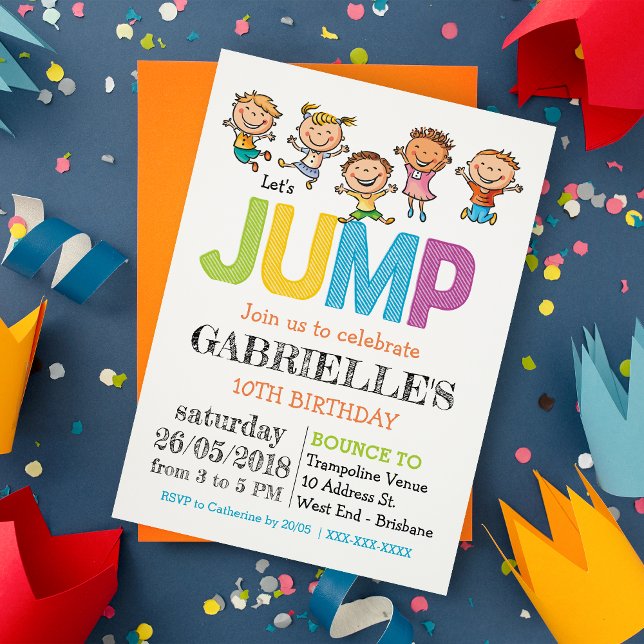 Birthday Trampoline Party Invitation (Fly through the air and land with our trampoline party invitation. )