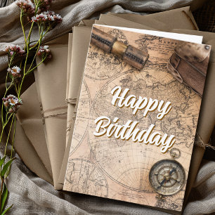 Birthday Travel Vintage World Map Compass Custom Card