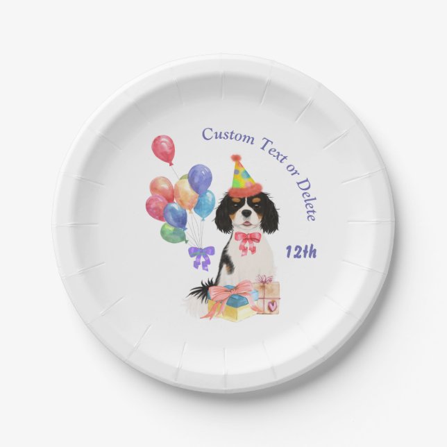 Birthday Tri Colour Cavalier King Charles Spaniel  Paper Plate (Front)