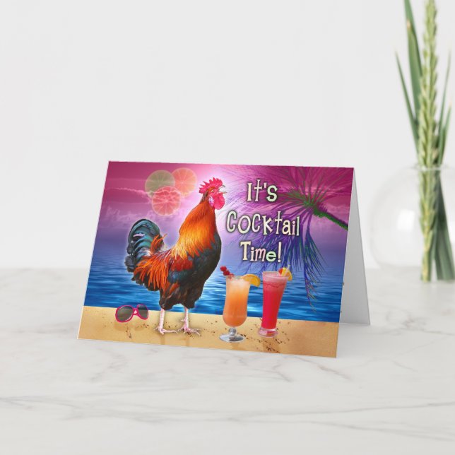 Birthday Tropical Funny Rooster Cocktails Beach Card (Front)