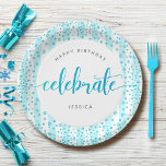 Birthday turquoise glitter modern script name chic paper plate<br><div class="desc">“Happy birthday”. Here’s an unique addition to your birthday fête! “Celebrate” with this stunning, modern, sparkly turquoise blue glitter dots and typography script against a baby turquoise blue and white striped background, paper plate for an event to remember. Personalise the custom text with your guest of honour’s name. Your choice...</div>