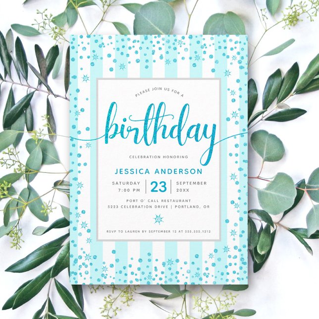 Birthday turquoise modern glitter script stripes invitation (Creator Uploaded)