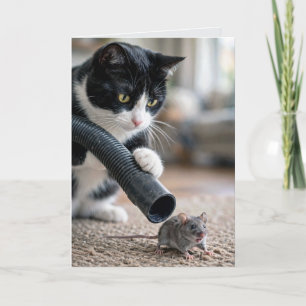 Birthday Tuxedo Cat Chasing a Mouse With Vacuum Card