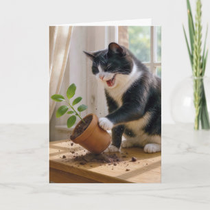 Birthday Tuxedo Cat Knocking Over a Plant Card