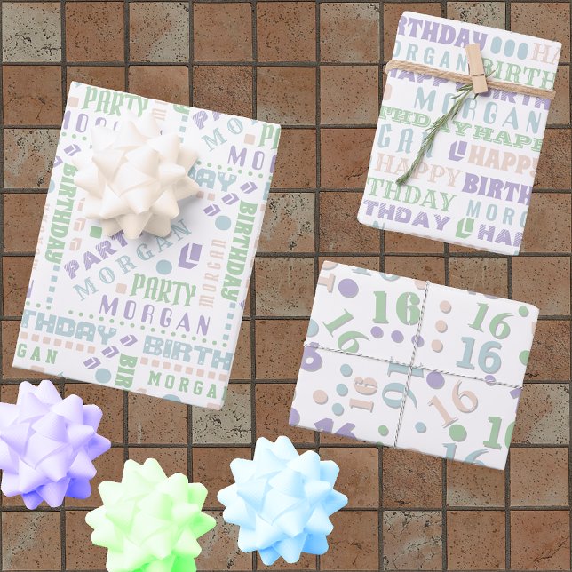 Birthday Typography Pastel Any Age Add Kids Name Wrapping Paper Sheet (Creator Uploaded)