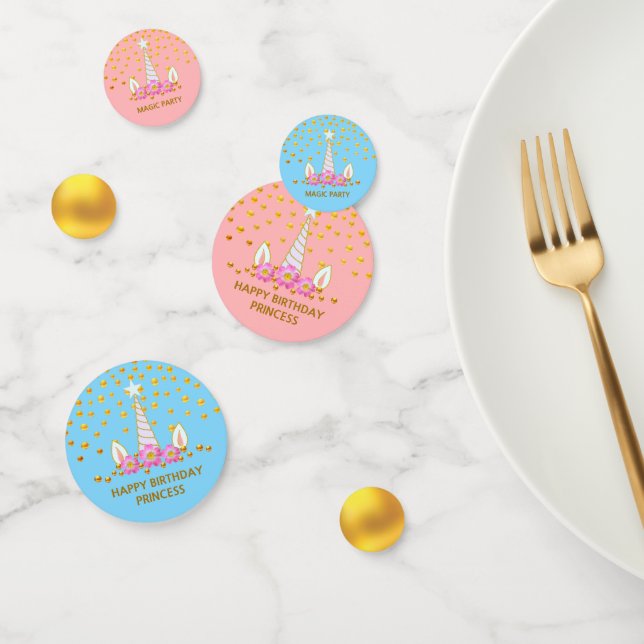 Birthday Unicorn & Gold Confetti on Pink & Blue (Group)