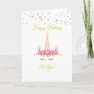 Birthday unicorn, multicolored stars & flowers card