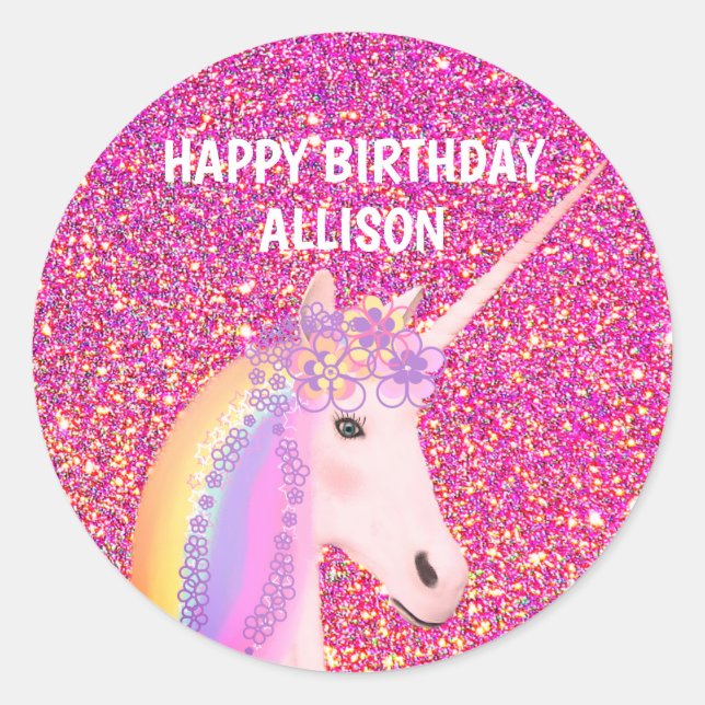 Birthday Unicorn Pink Glitter Glam Personalised Classic Round Sticker (Front)