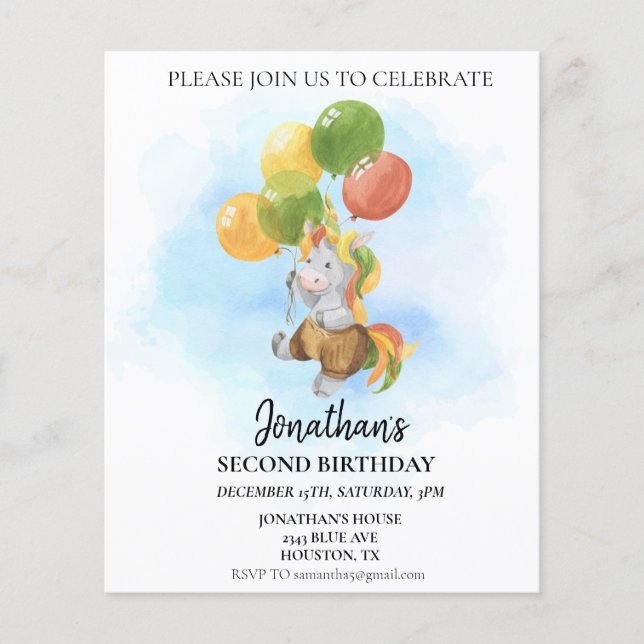 Birthday Unicorn with Balloons Watercolor (Front)