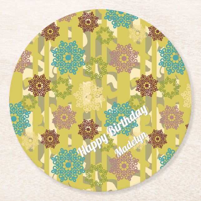 Birthday Urban Stripe Geometric Floral Pattern Round Paper Coaster (Front)