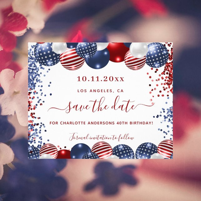 Birthday USA red white blue budget save the date Flyer (Creator Uploaded)