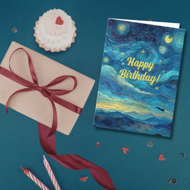 Birthday Van Gogh Jet Airplane Blue Clouds Fun Card (Creator Uploaded)