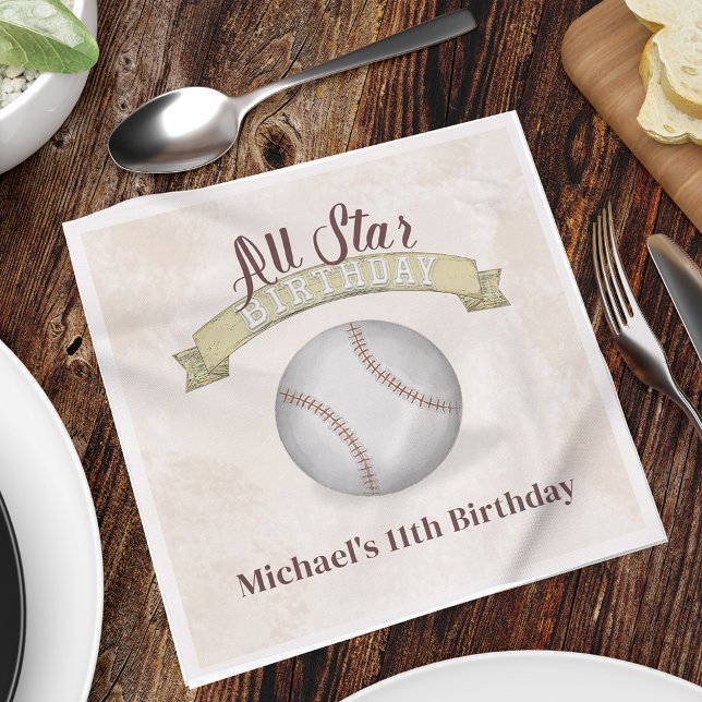 Birthday Vintage Whimsical Baseball All Star Party Napkin (Creator Uploaded)