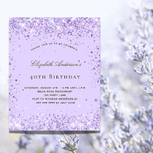 Birthday violet glitter script budget invitation