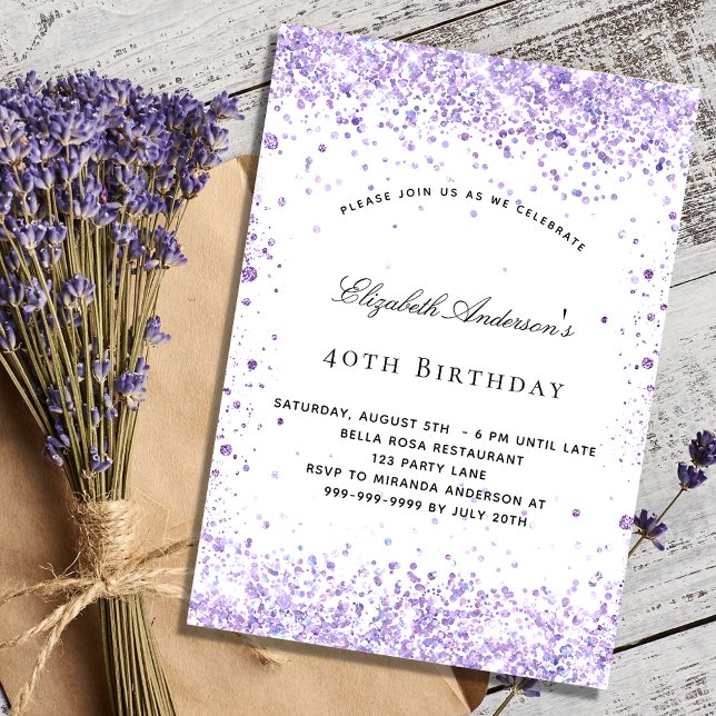 Birthday violet lavender glitter script elegant invitation (Creator Uploaded)