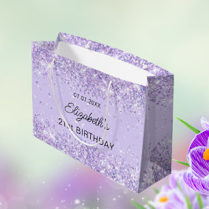 Birthday violet lavender sparkles name large gift bag