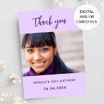 Birthday violet photo thank you card<br><div class="desc">A violet,  lavender coloured background.  Personalise and add your photo and thank you note. Purple text.</div>