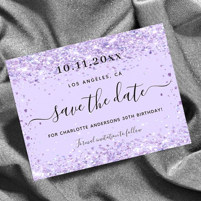 Birthday violet purple glitter save the date announcement postcard (Creator Uploaded)