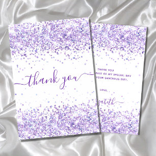 Birthday violet purple glitter white thank you card