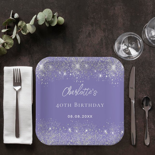 Birthday violet silver glitter sparkles paper plate (Creator Uploaded)