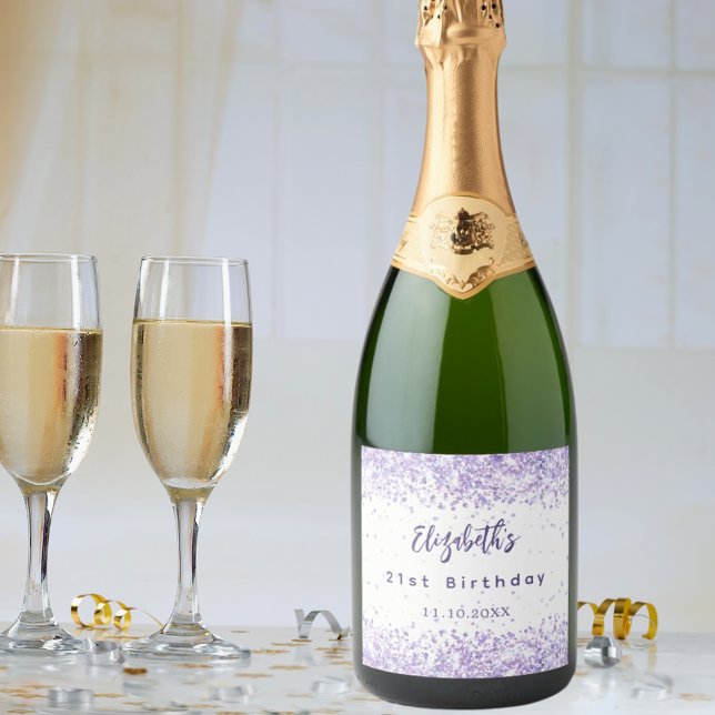 Birthday violet white confetti elegant party sparkling wine label (Creator Uploaded)
